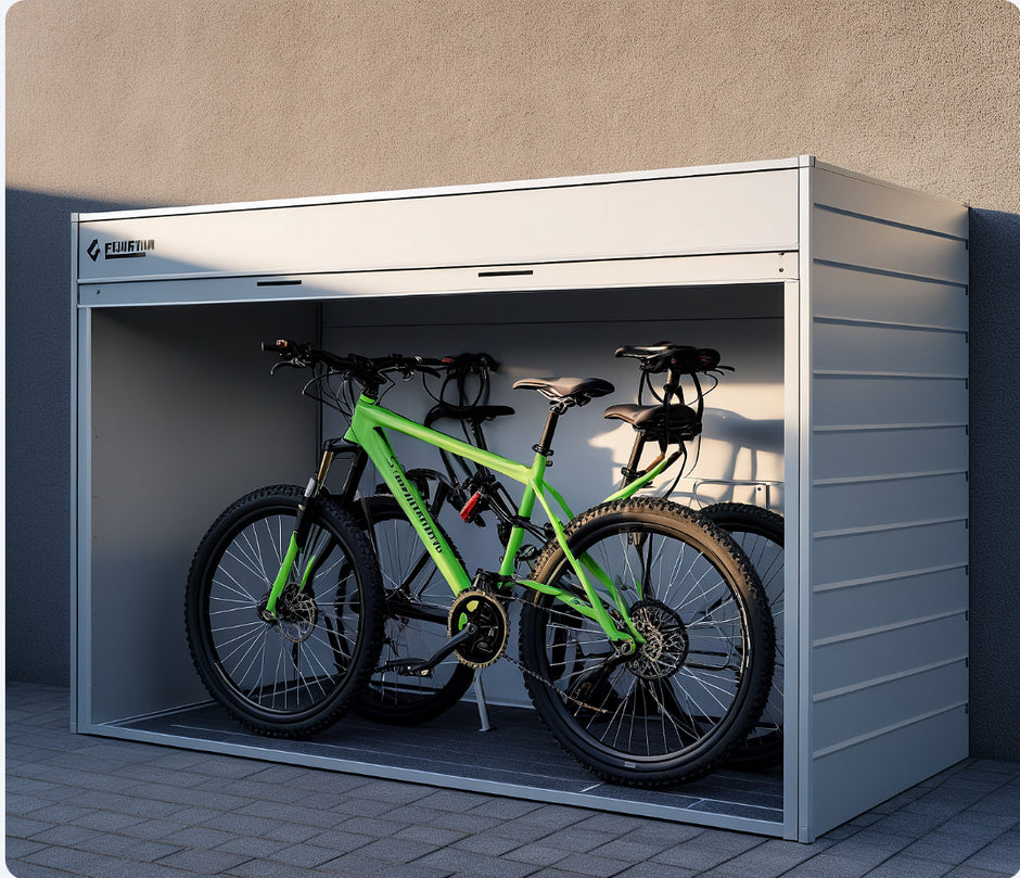 Bicycle storage unit with a green bike inside, against a beige wall.