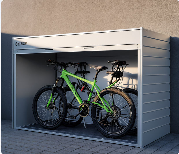 Bicycle storage unit with a green bike inside, against a beige wall.