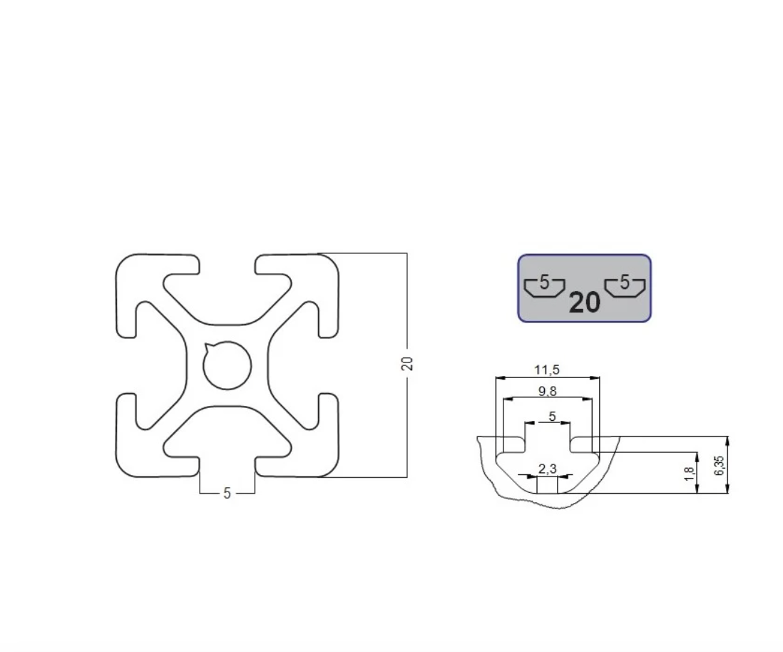 Aluminium Extrusion Profile  20x20 mm, canal 5 type  ITEM