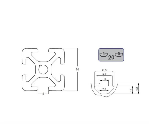 Aluminium Extrusion Profile  20x20 mm, canal 5 type  ITEM