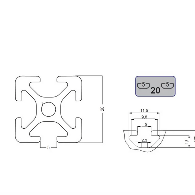 Aluminium Extrusion Profile  20x20 mm, canal 5 type  ITEM
